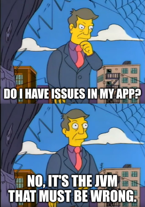 Seymor Skinner Meme: Do I have issues in my app? No, it's the JVM that must be wrong.